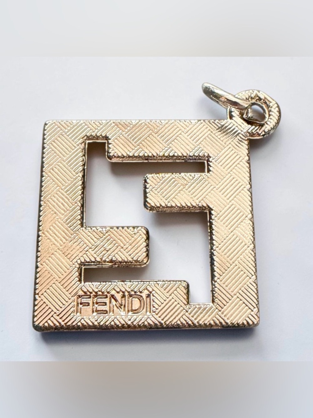FENDI FF Crystal Logo Charm Pendant – Gold Tone Double F Pavé Square - Picture 3 of 3